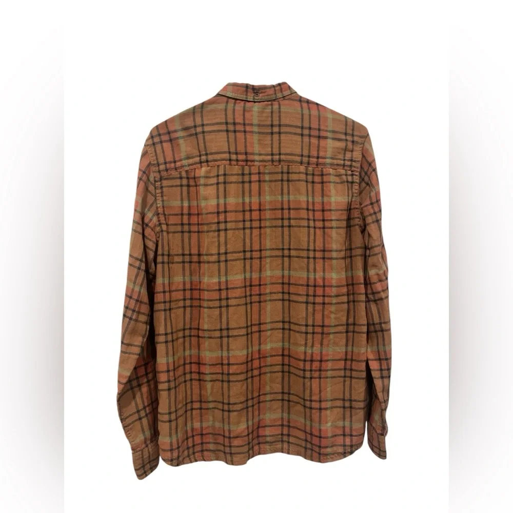 Toad & Co Men’s Large Tan Green Plaid Organic Cotton Blend Button Up Flannel EUC